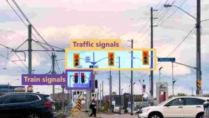 Traffic signals and train signals along Toronto’s Eglinton Crosstown route illustrating transit slowdowns and intersection delays.
