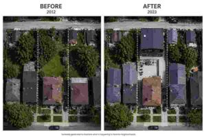Aerial before-and-after illustration showing a Toronto backyard transformed into a large laneway housing development with reduced green space.