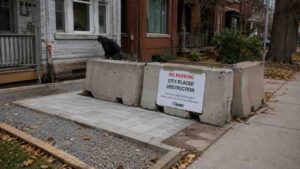 Concrete barriers blocking a Toronto front yard parking pad in a residential neighbourhood.